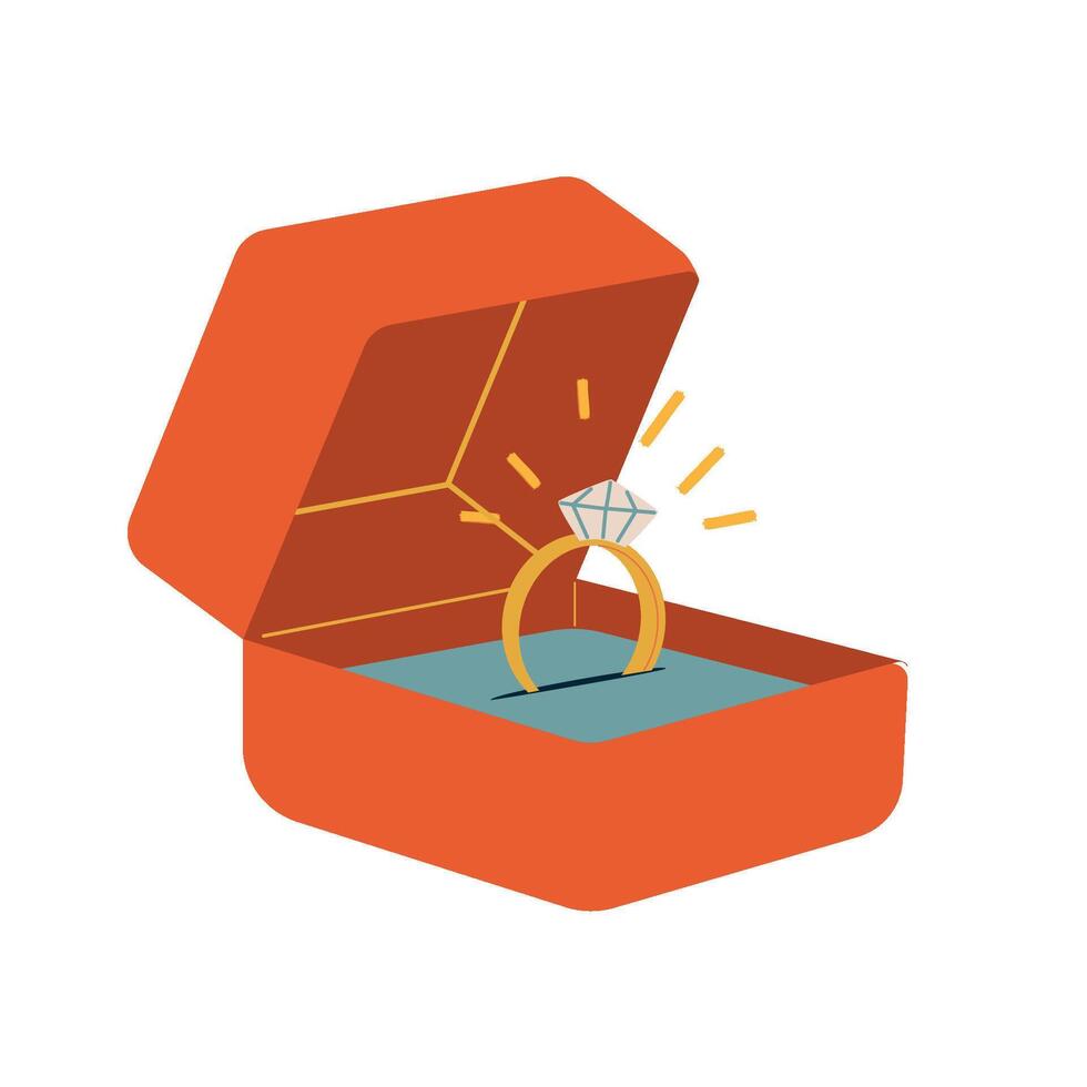 An engagement ring in a red box. Illustration of jewelry. vector