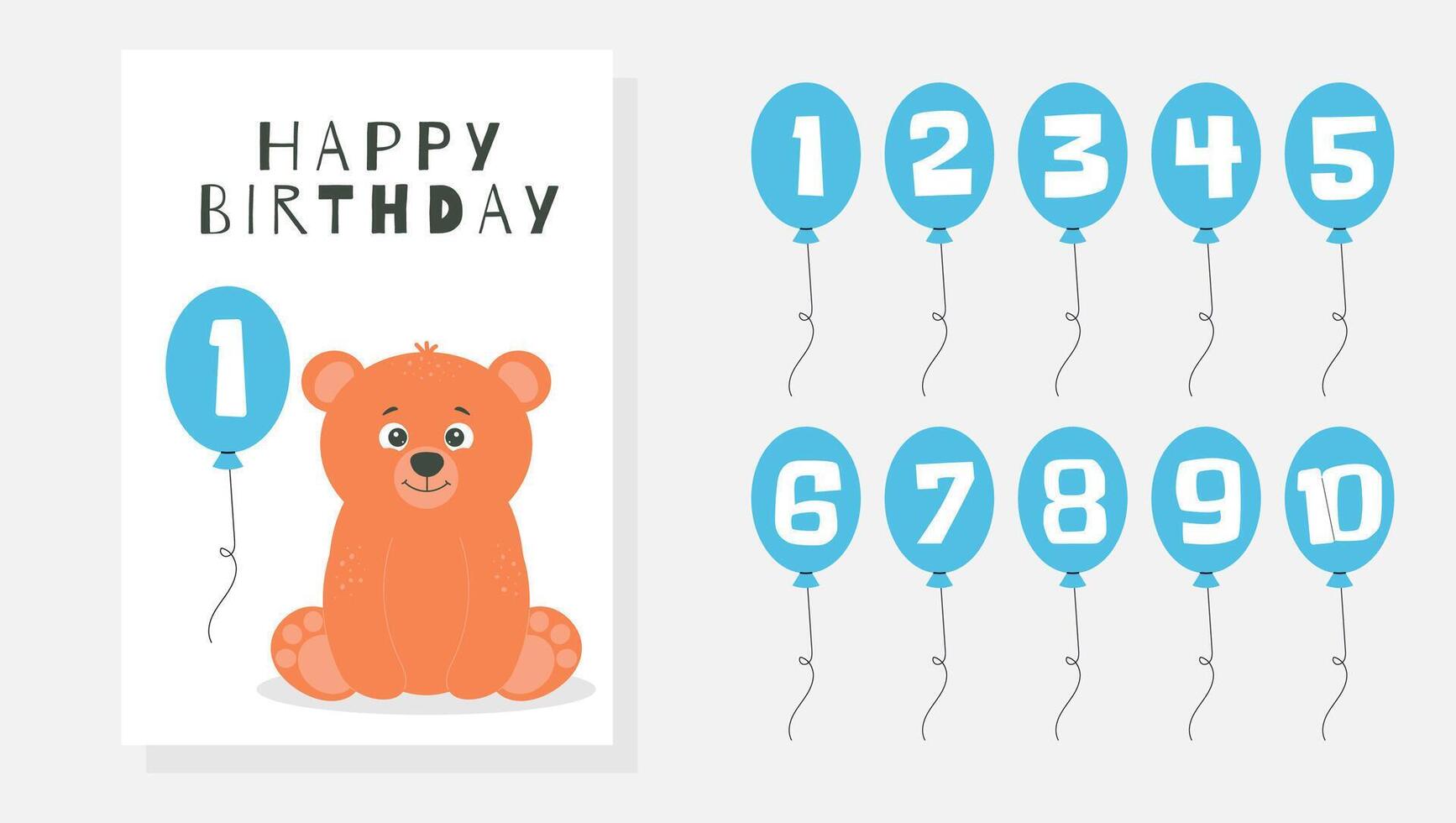 Greeting and invitation card for kids Happy Birthday. Cute baby bear and balloons with number in flat childrens style. illustration, design for card, poster, event, banner vector