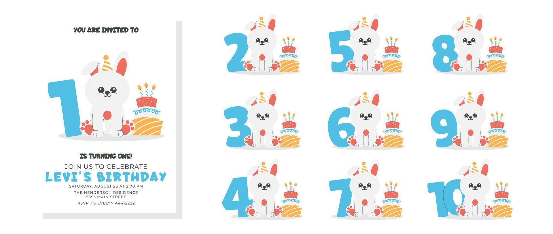 Greeting and invitation for kids Birthday party. Cute bunny in hat, number and cake with candles in flat childrens style. illustration collection, design for card, poster, event, prints vector