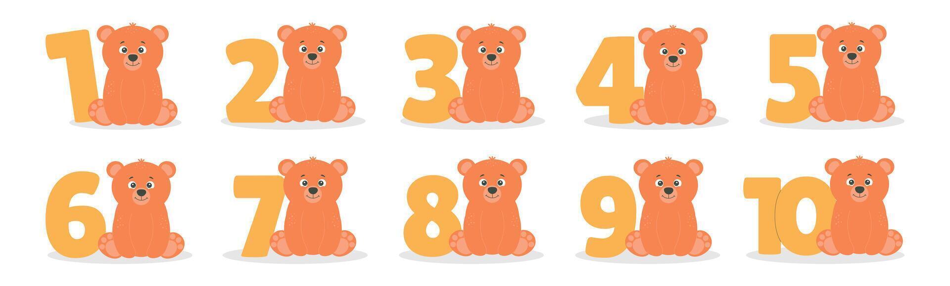 Cute bear character and number from 1 before 10 set. Beautiful elements for Kids Birthday Party invitation, greeting card, poster, event, prints and cake toppers design vector