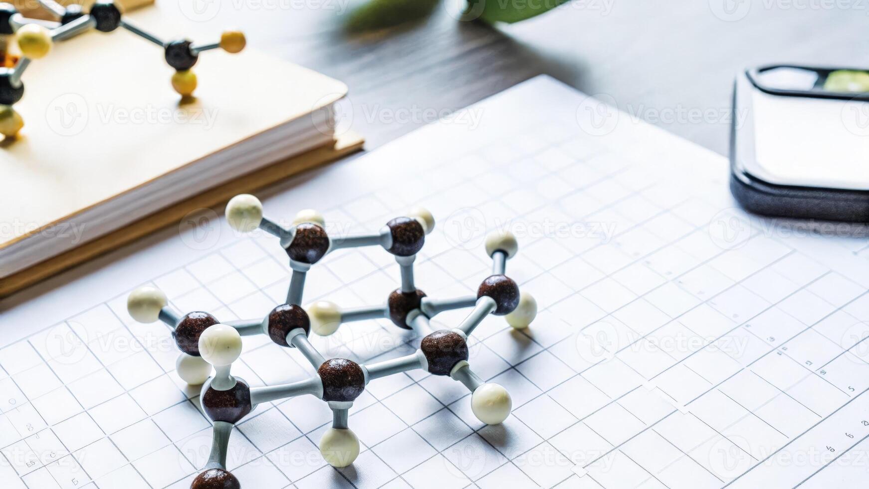 Closeup of molecular structures on a laboratory bench surrounded by elements like fitness trackers meal plans and sleep logs representing the convergence of biology and personal. photo