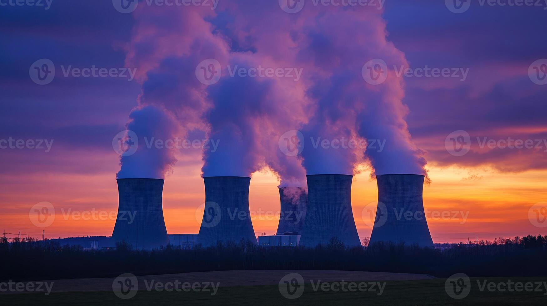 Power plant cooling towers emitting steam during sunset with colorful sky photo