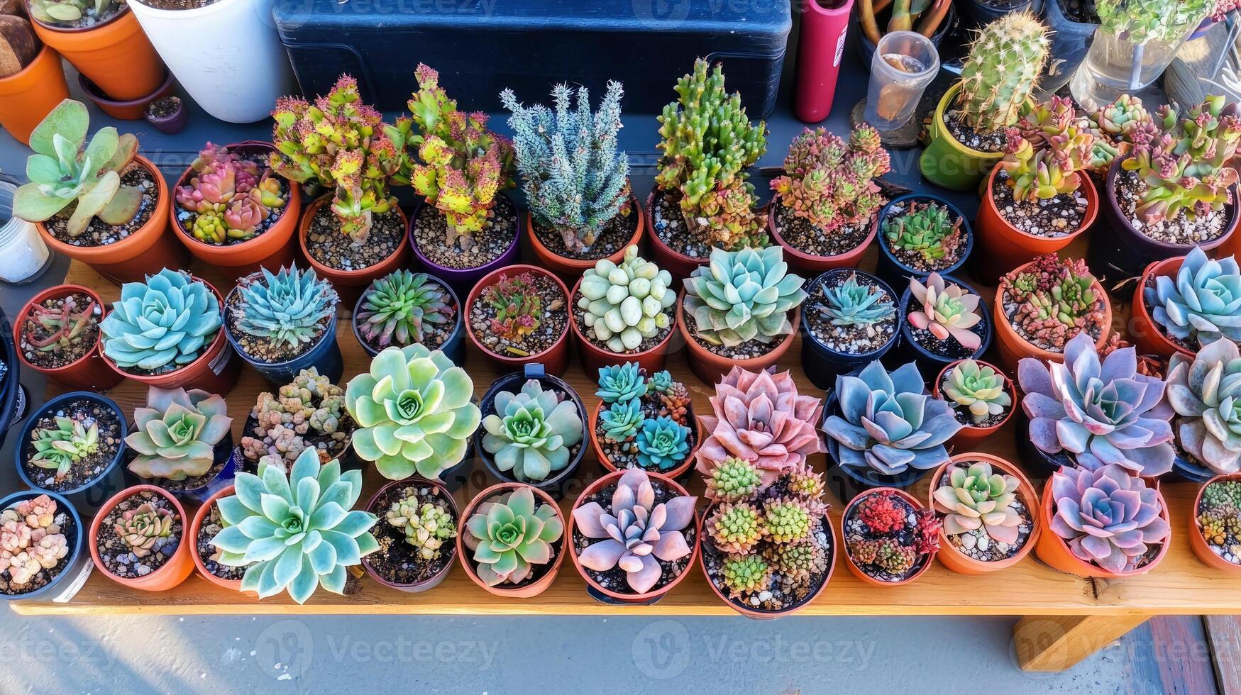 Variety of colorful succulents arranged on display during a sunny day in a garden setting photo