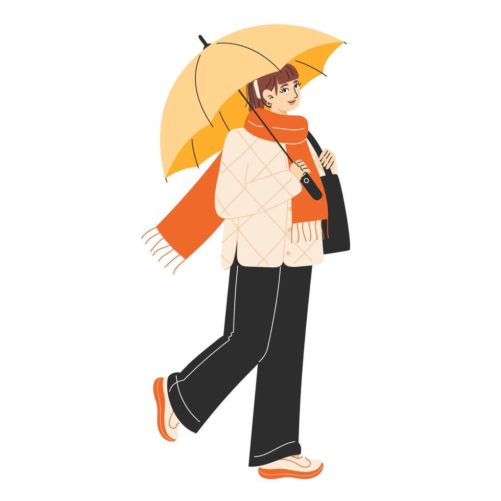 Flat Style Illustration of a Woman in a Quilted Jacket Holding a Yellow Umbrella, Stylish Autumn Look vector