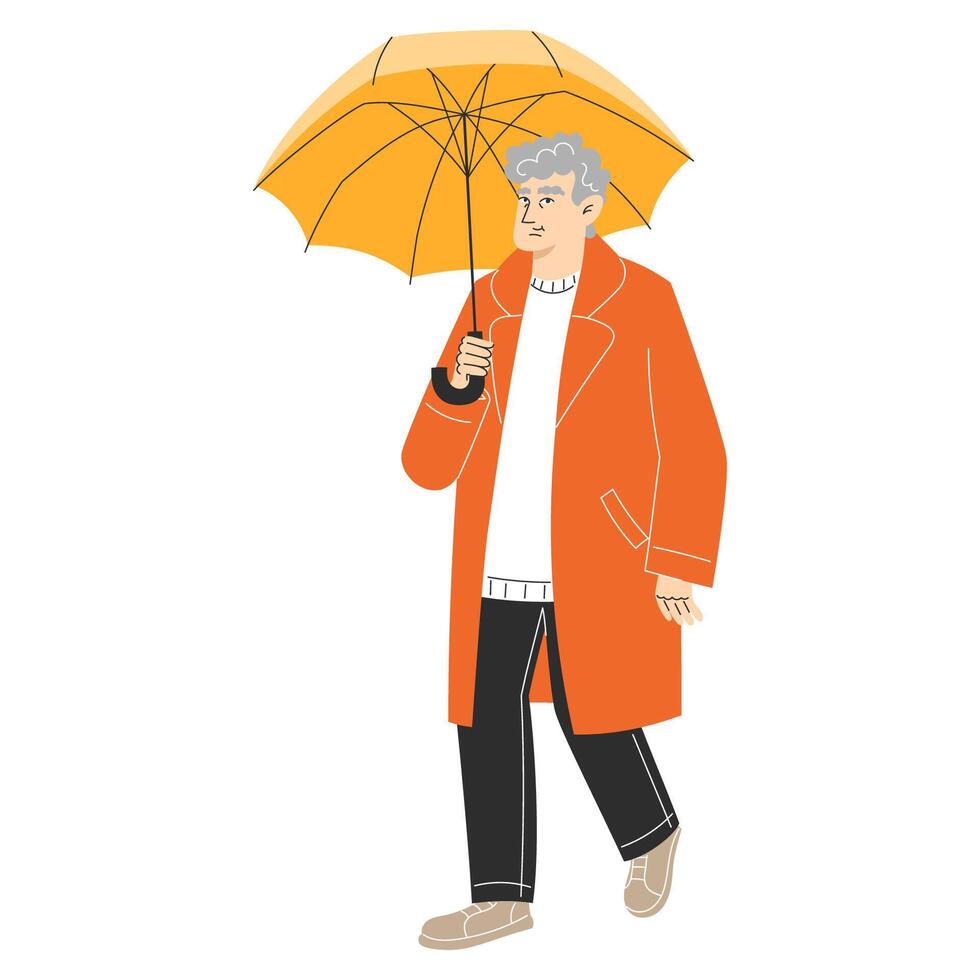 Flat Style Illustration of an Older Man in an Overcoat with an Umbrella, Classic Rainy Day Look vector