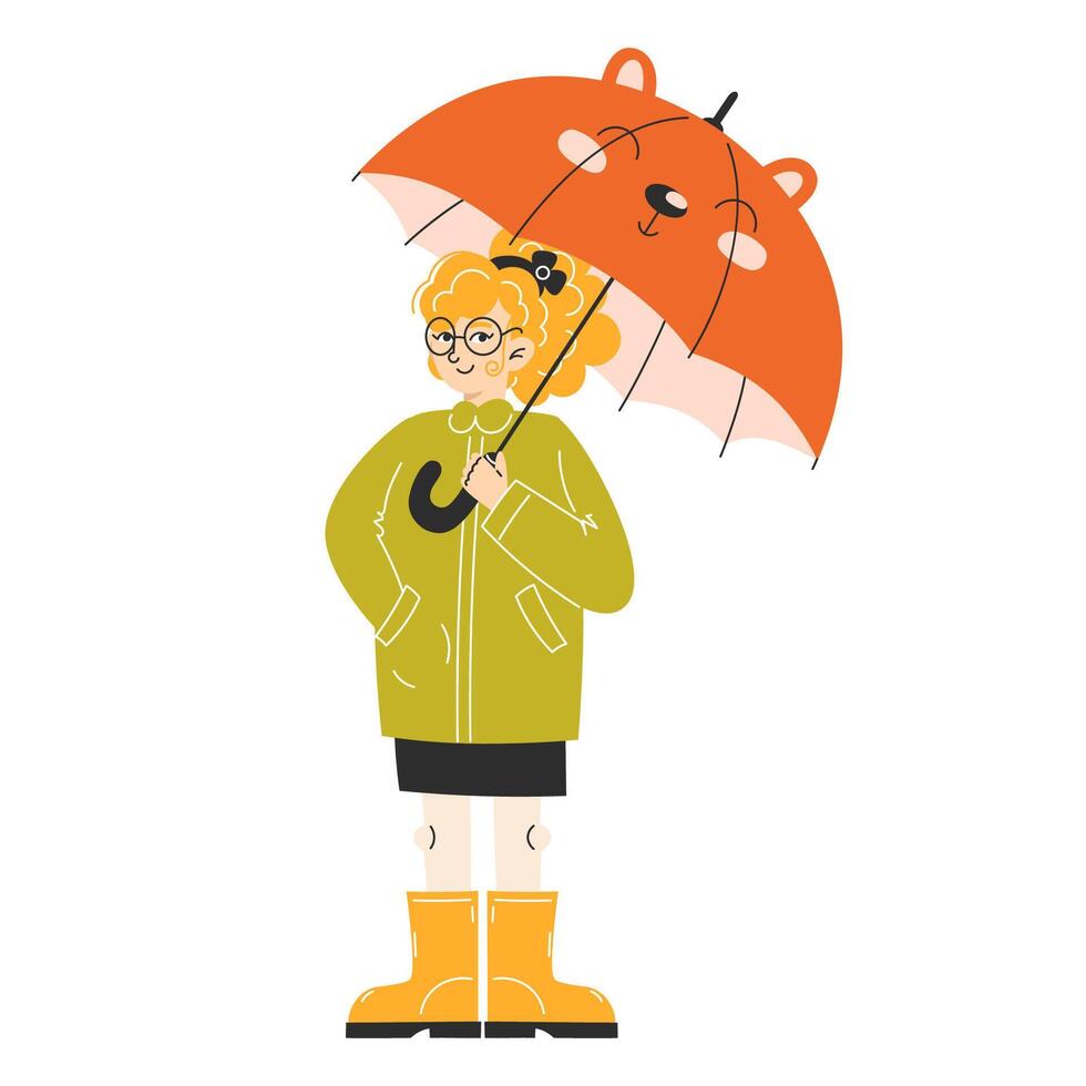 Flat Style Illustration of a Child in Yellow Rain Boots with an Animal Print Umbrella, Autumn Outfit vector
