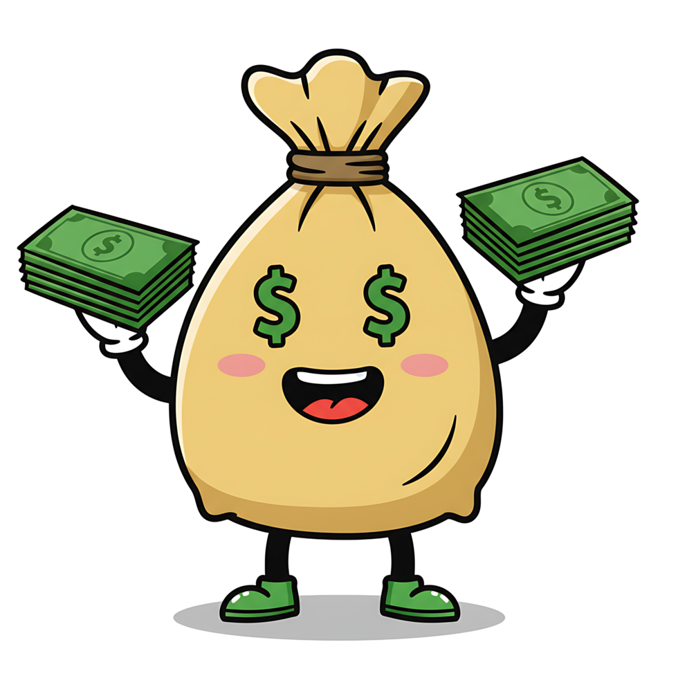 Animated Money Bag Character Holding Stacks of Dollar Bills png