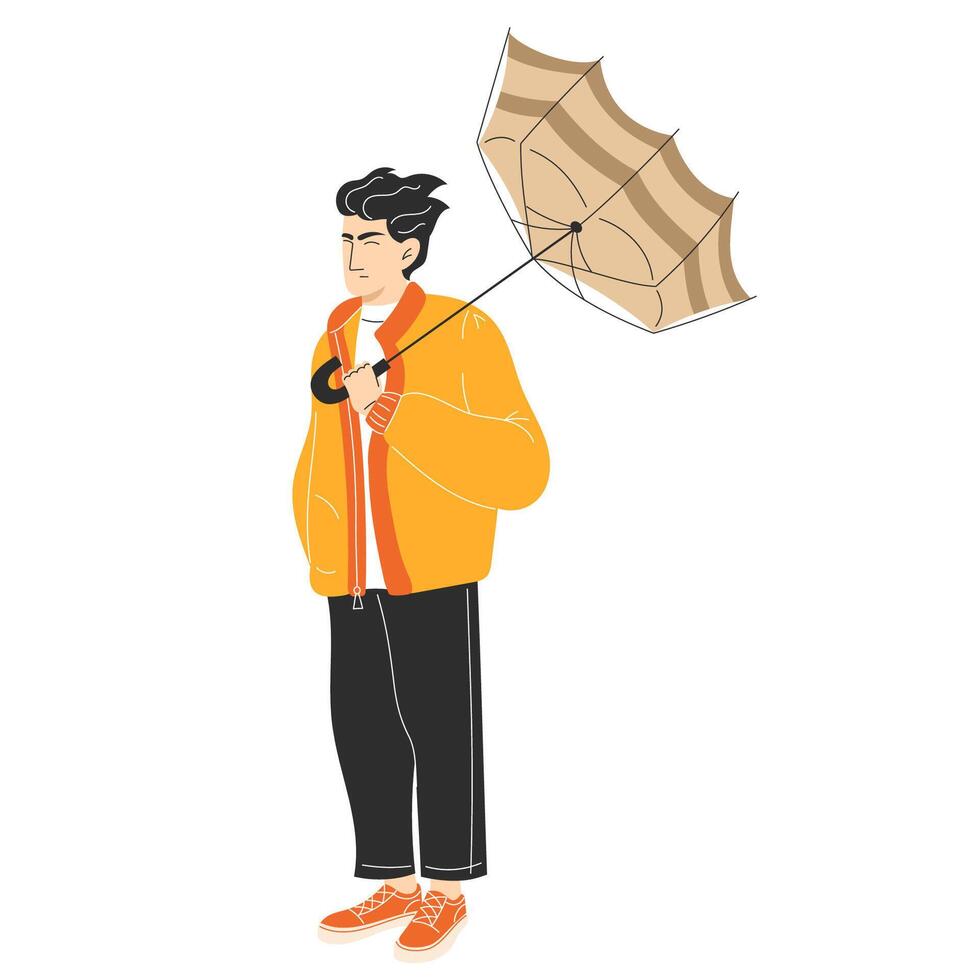 Flat Style Illustration of a Man in Trendy Casual Wear Battling the Wind with a Damaged Umbrella vector