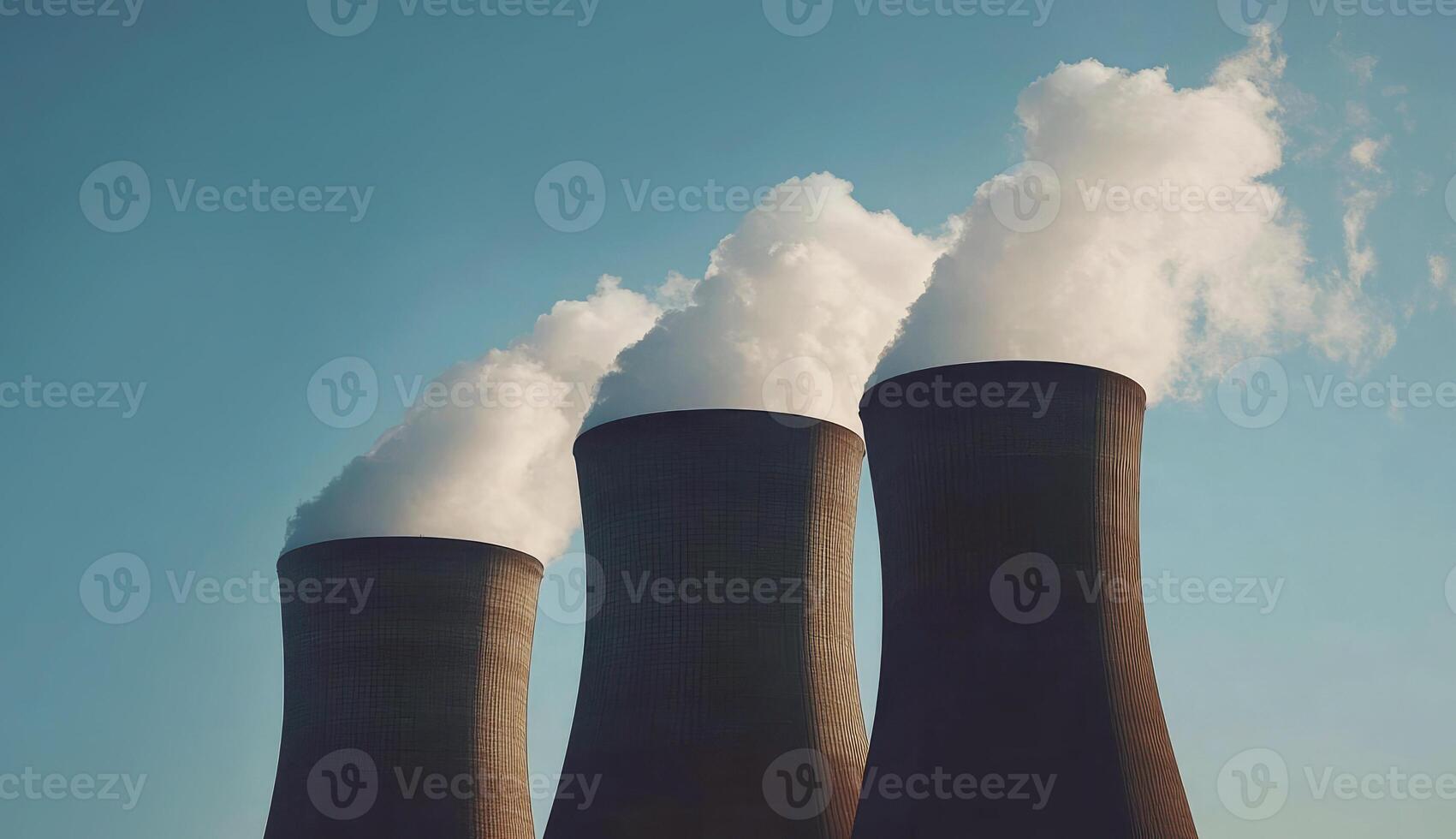 Three cooling towers releasing steam against a clear blue sky during daylight photo