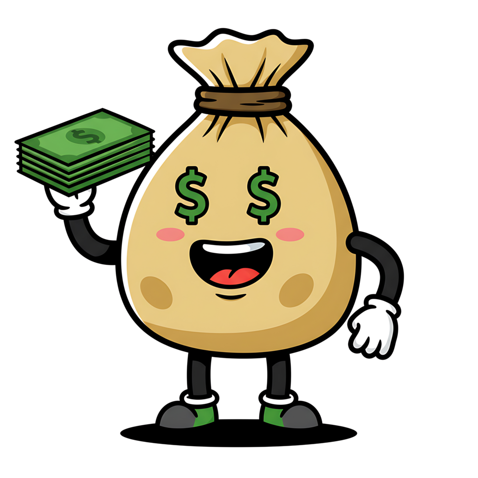 Cartoon Money Bag Character Holding Dollar Bills png