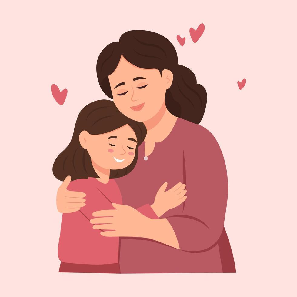 Mother and daughter. Mom Embrace her Child, Their Faces Aglow With Love, Eyes Closed, Encapsulating Eternal Bond In A Moment Of Serene Affection.Mother's Day. vector