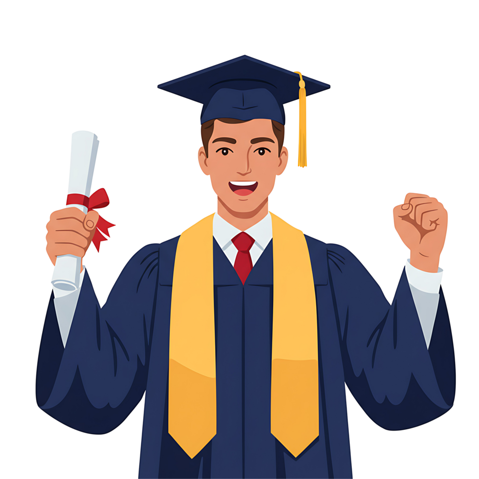 Happy Graduation Man in Gown Holding Certificate Art png