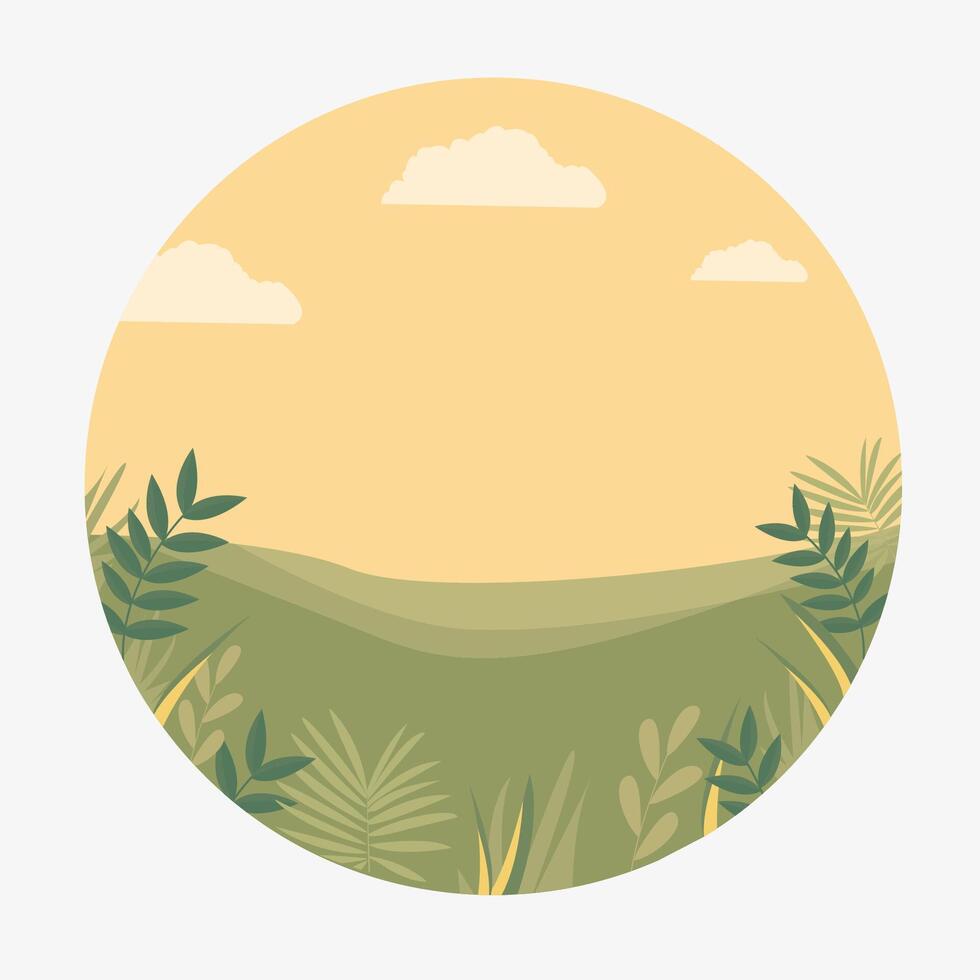 Summer landscape in a circle. Beautiful summer scene, with a bright blue sky, fluffy white clouds, and vibrant green foliage surrounding them. vector