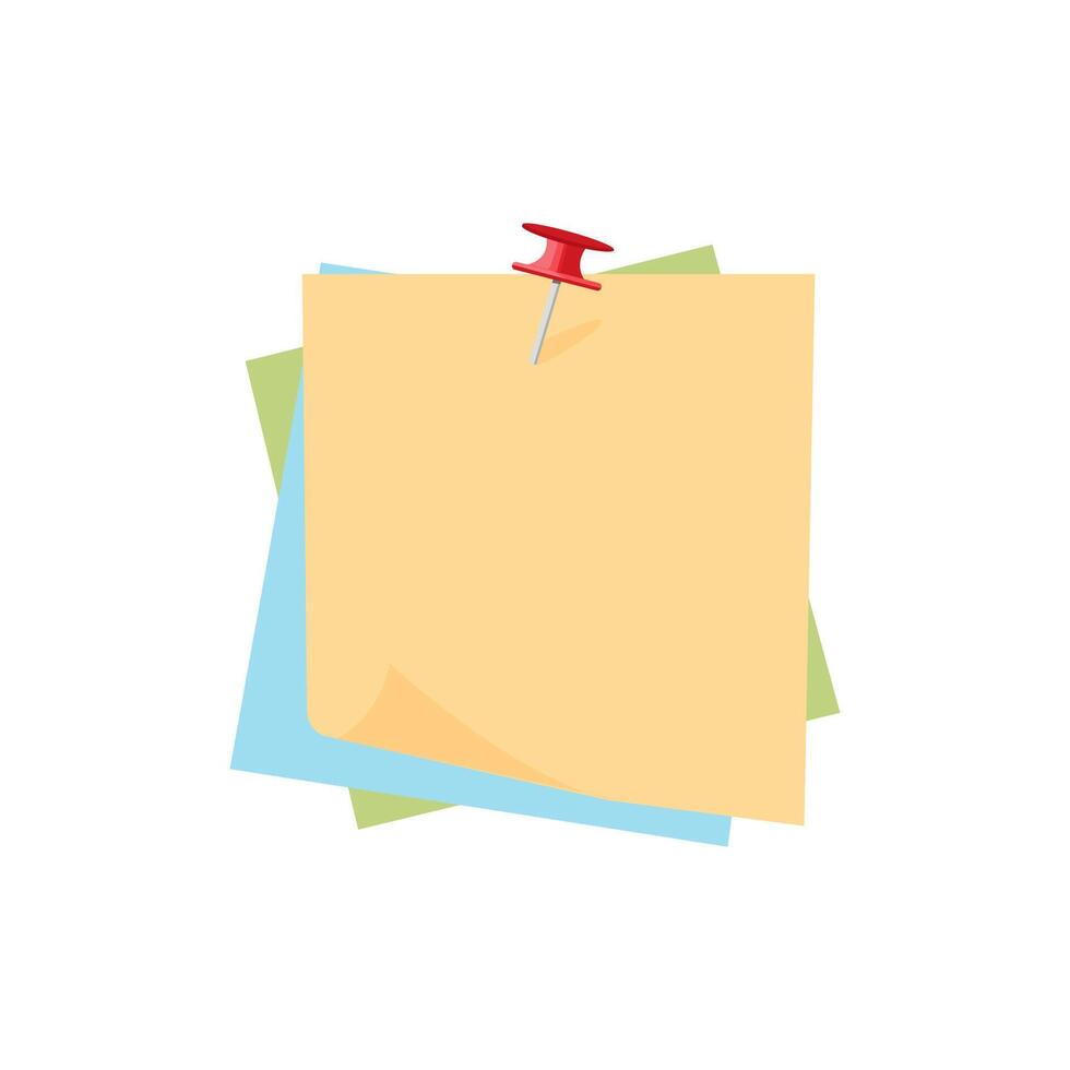 Push pin notes in three colors.Thumbtack for note attach collection. Paperclip symbol. A needle for fixing on a board or map. vector