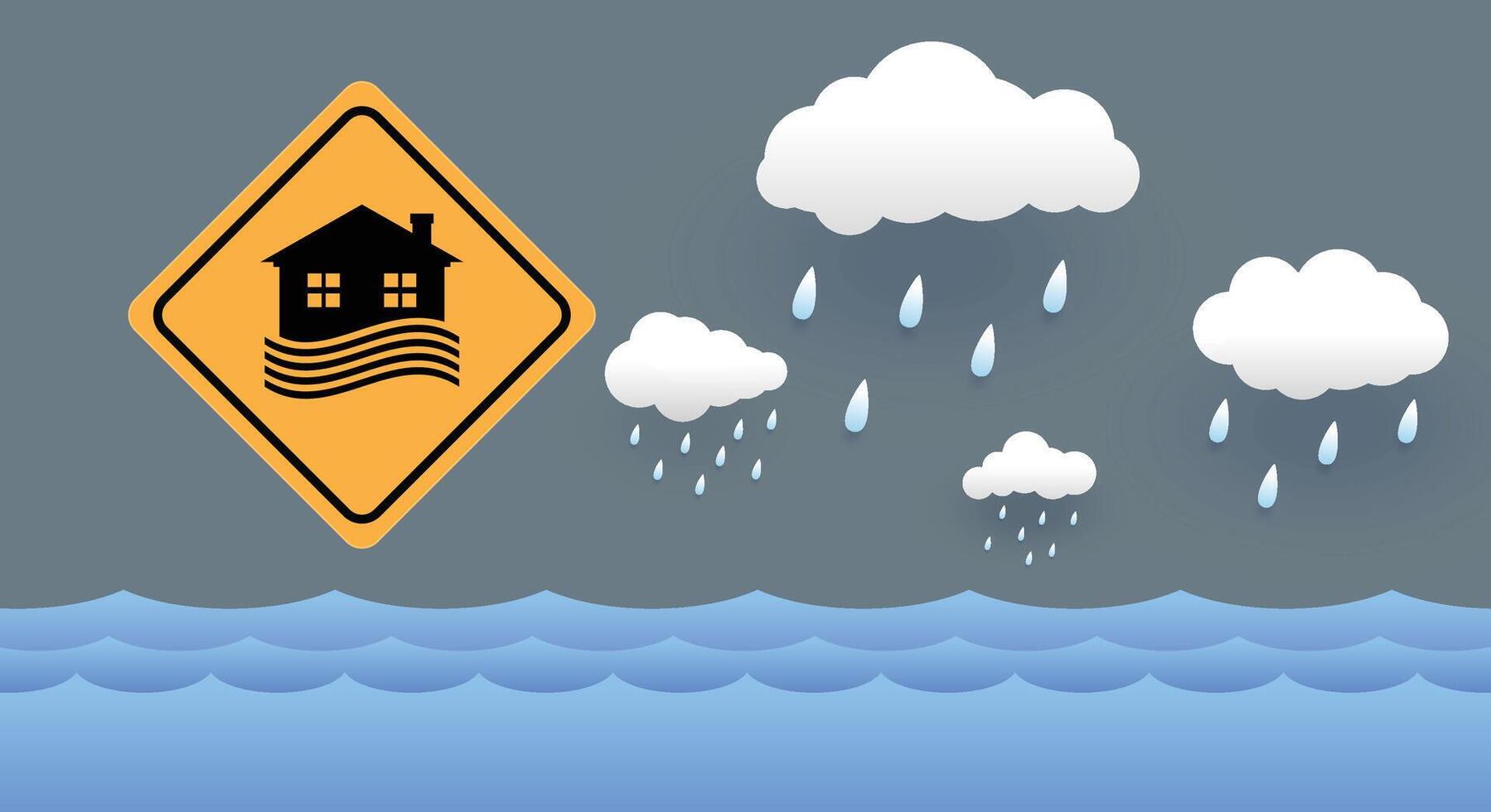 Flood area sign, natural disaster with house, heavy rain and storm , damage with home, clouds and rain, flooding water in city vector