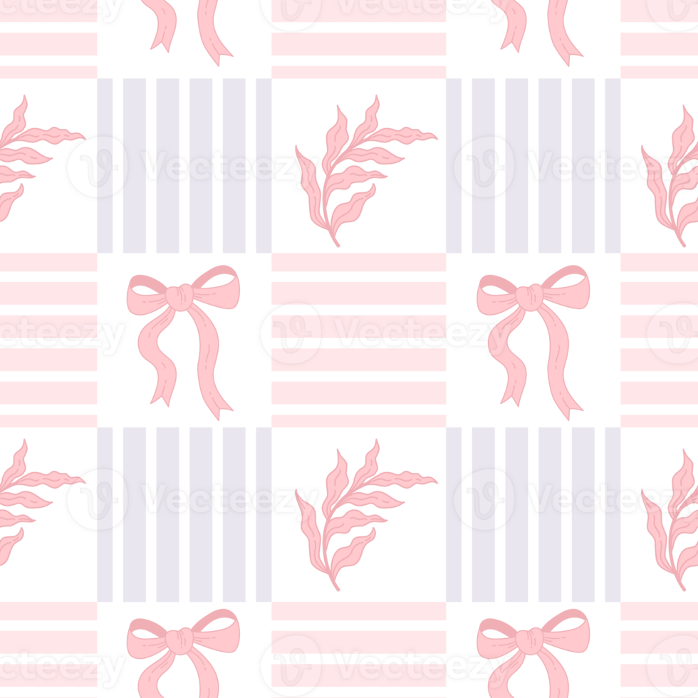 Vintage Aesthetic Pink Ribbon Bow and Branch Seamless Pattern. Trendy Flirty Patterned Backdrop png
