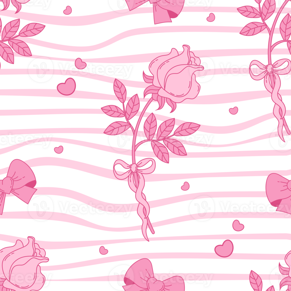 Vintage Seamless Pattern Pink Rose with Bow Ribbon on Groovy Stripe Background. Girly Vibe png