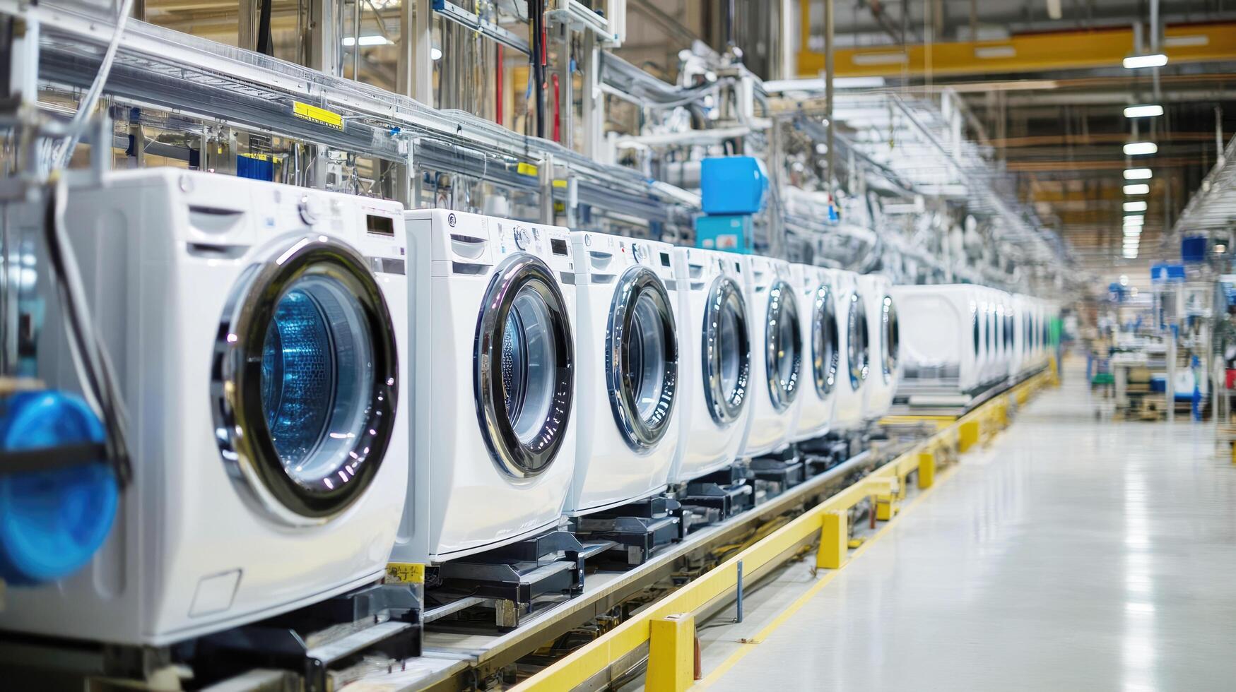 Modern washing machines lined up in a large manufacturing facility during the day photo