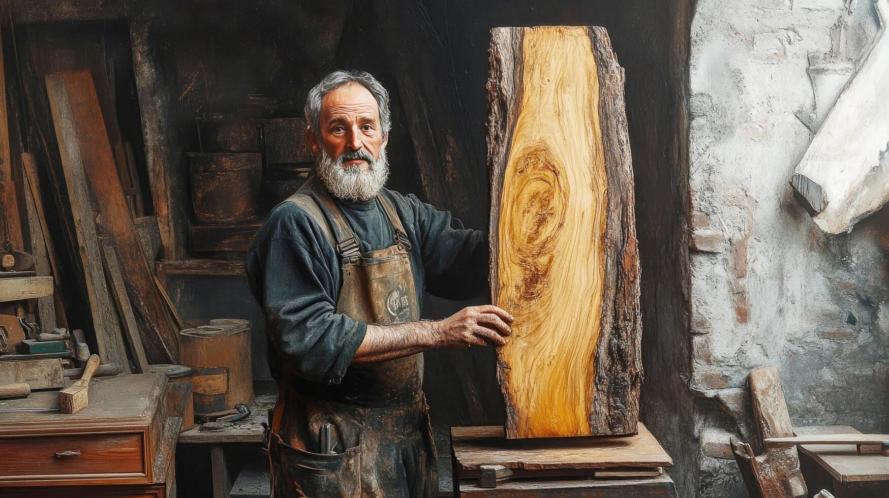 Skilled craftsman holding a large wood slab in a rustic workshop setting photo