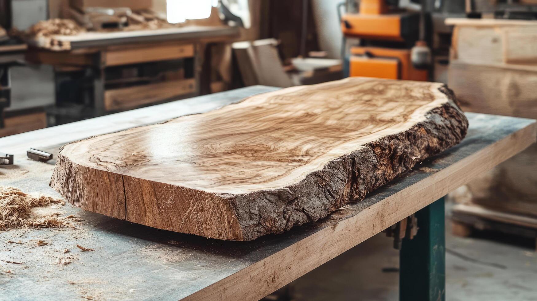 Beautifully crafted wooden slab displayed in a woodworking shop with tools and equipment photo