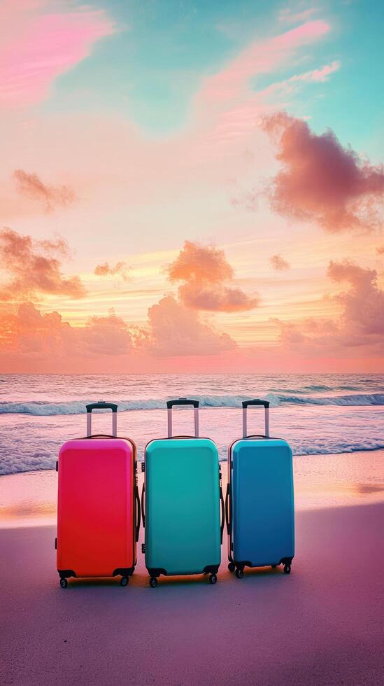Colorful luggage lined up on the beach at sunset with gentle waves in the background photo