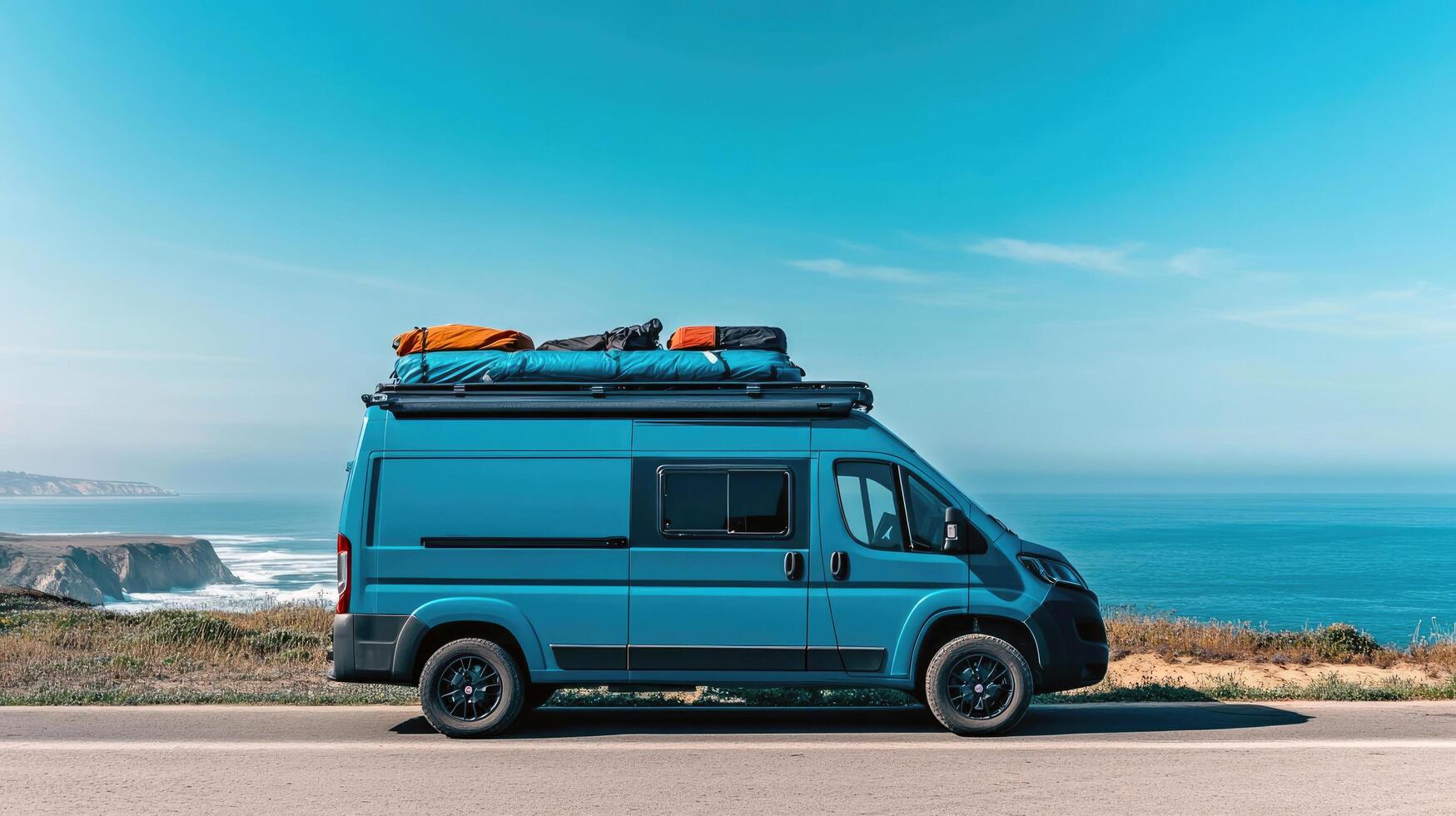 Blue camper van parked by the ocean on a sunny day near a scenic coastal road photo