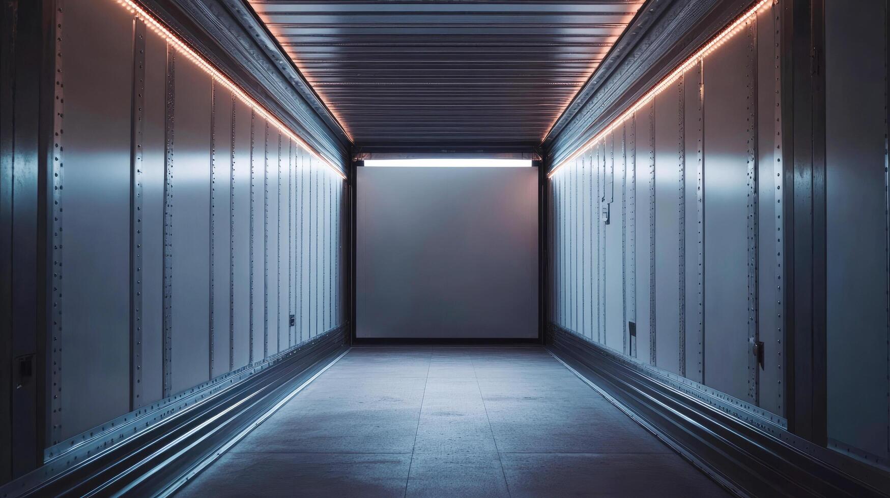 Interior of a cargo trailer with illuminated walls and empty space at night photo