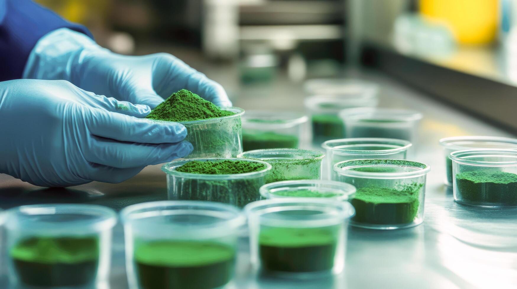 packaging dried green spirulina algae powder into plastic containers in a laboratory photo