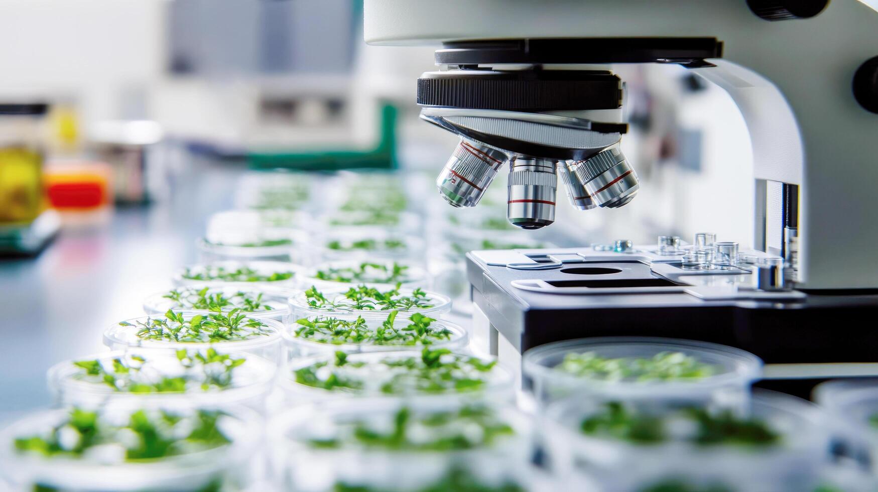 A microscope positioned above rows of Petri dishes containing green plants. Scientific research in botany photo