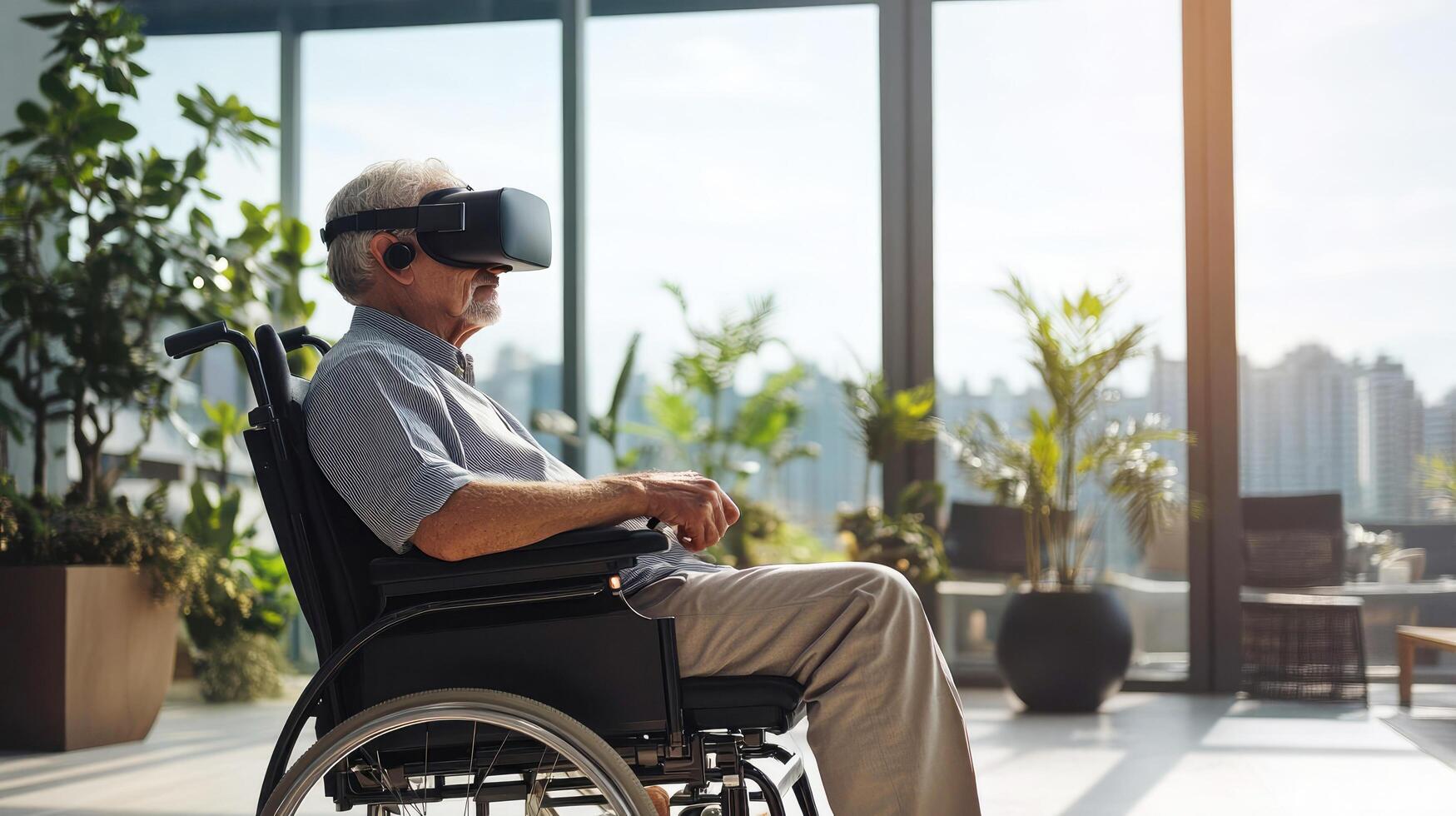 an elderly man sits in a wheelchair wearing virtual reality glasses in a room with large panoramic windows photo