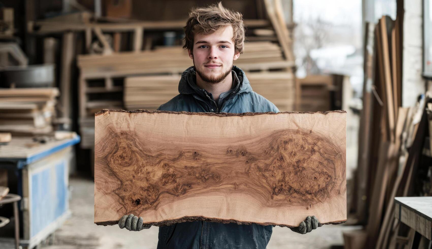 Young craftsman proudly displays a large piece of natural wood in a workshop setting photo