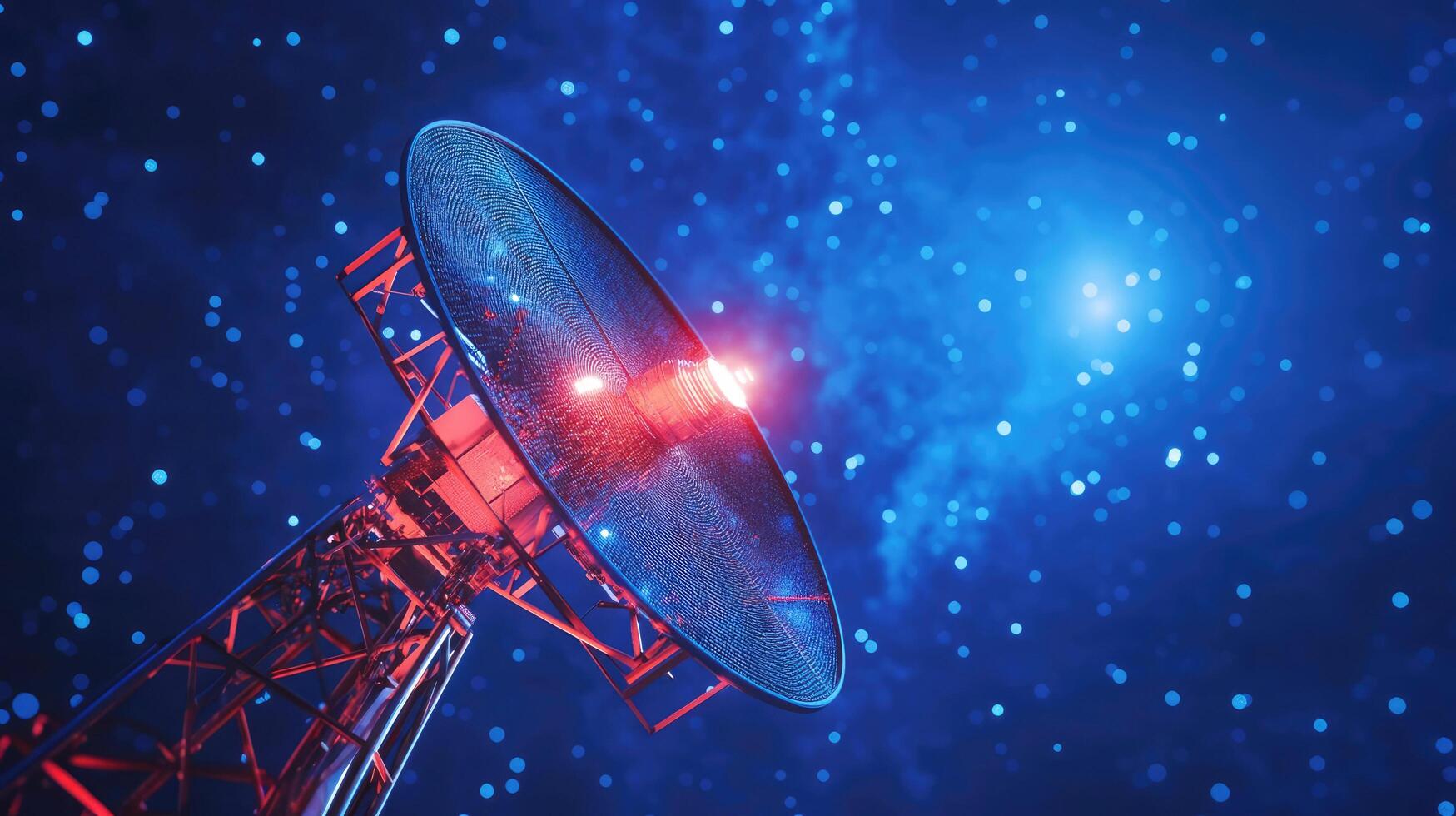 Satellite dish captures signals under a starry night sky in a remote location photo