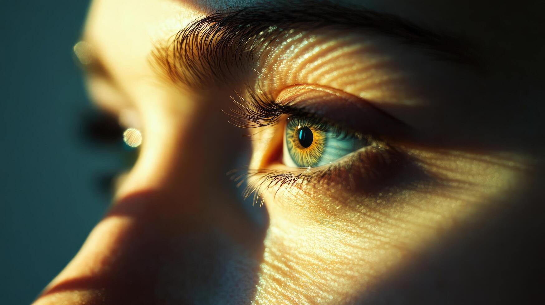 An artistic close-up reveals a captivating human eye with a mesmerizing mix of blue and green tones. photo