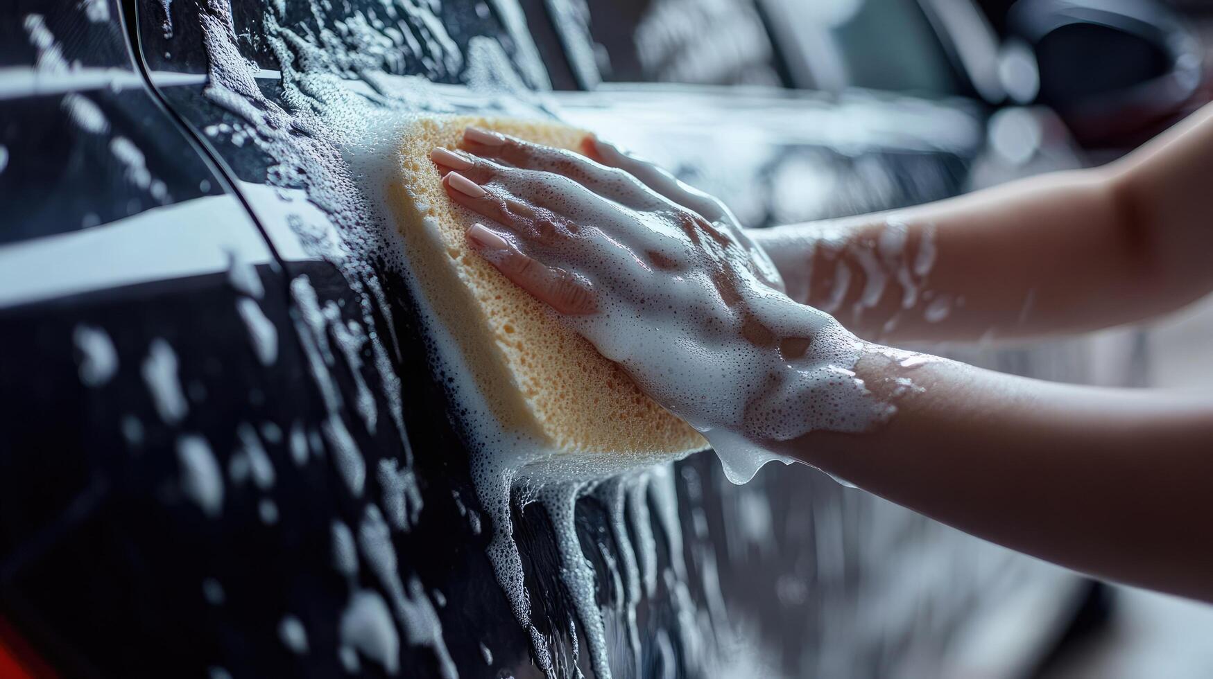 Washing a black car with soap and sponge during daylight hours in a residential area photo