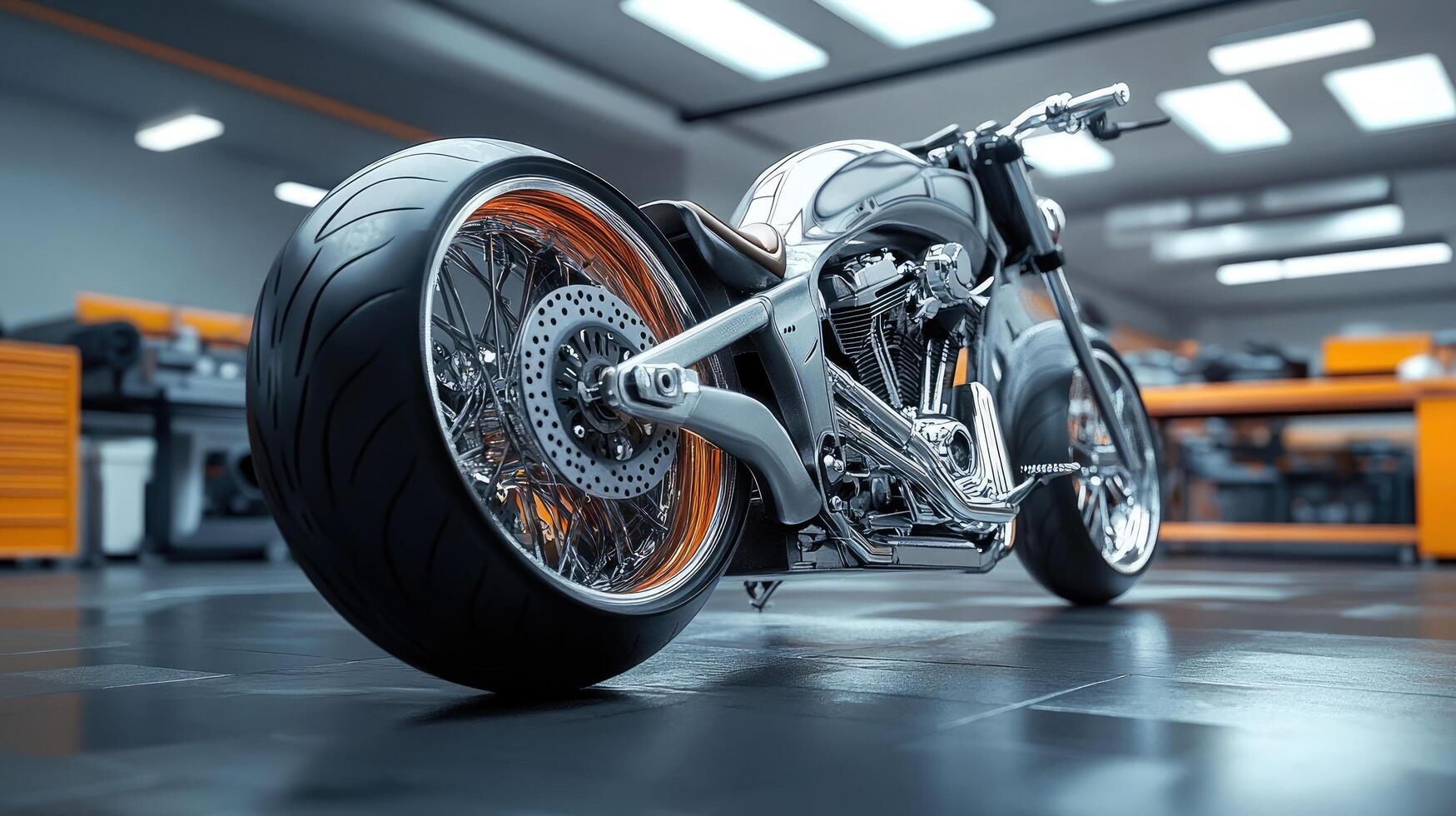 Custom motorcycle showcased in a well-lit garage with tools and equipment around photo