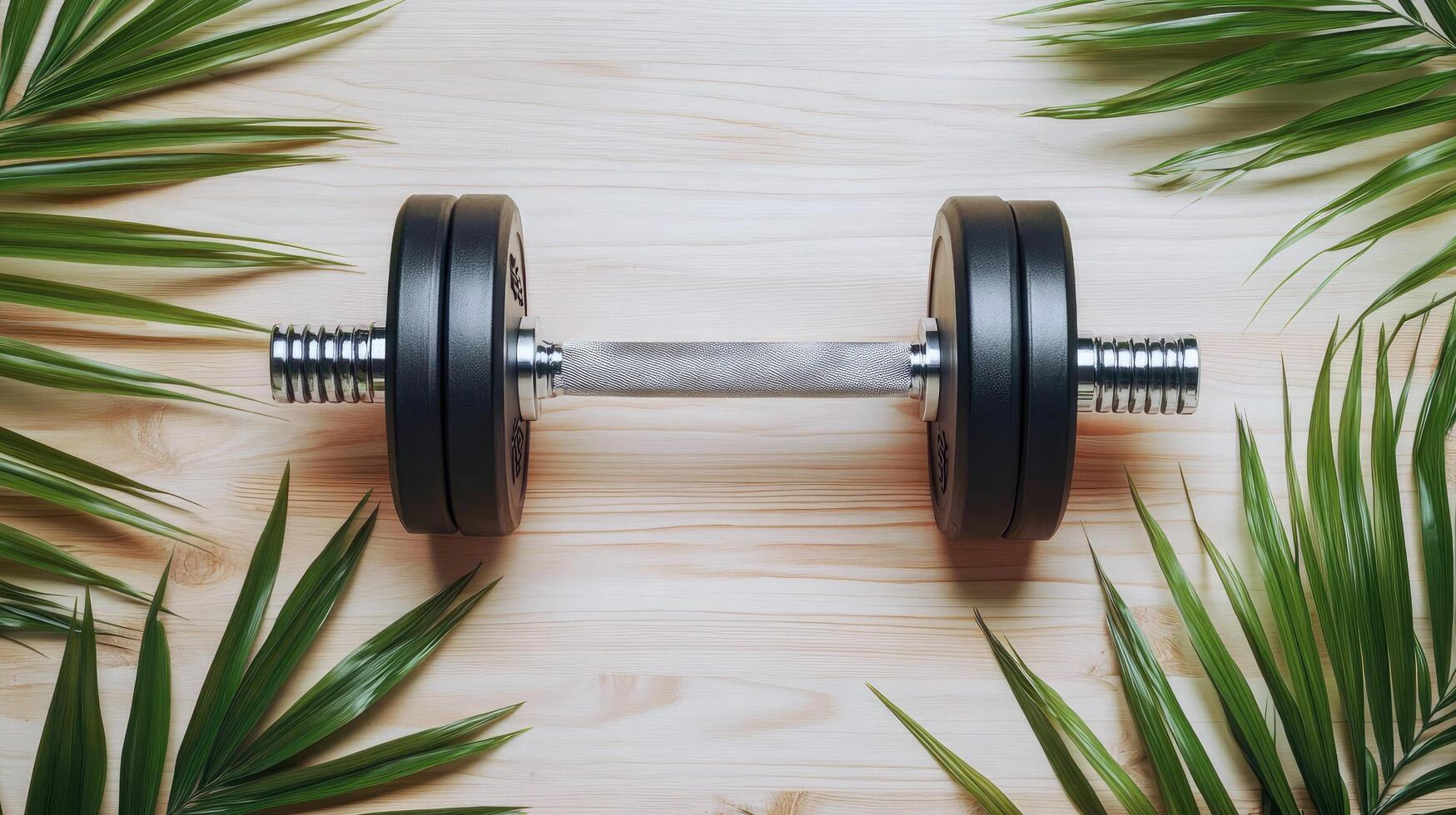 Dumbbell resting on a wooden surface surrounded by tropical leaves photo
