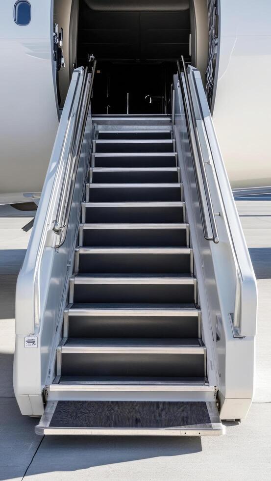 Flight steps leading to a private jet at a modern airport terminal photo