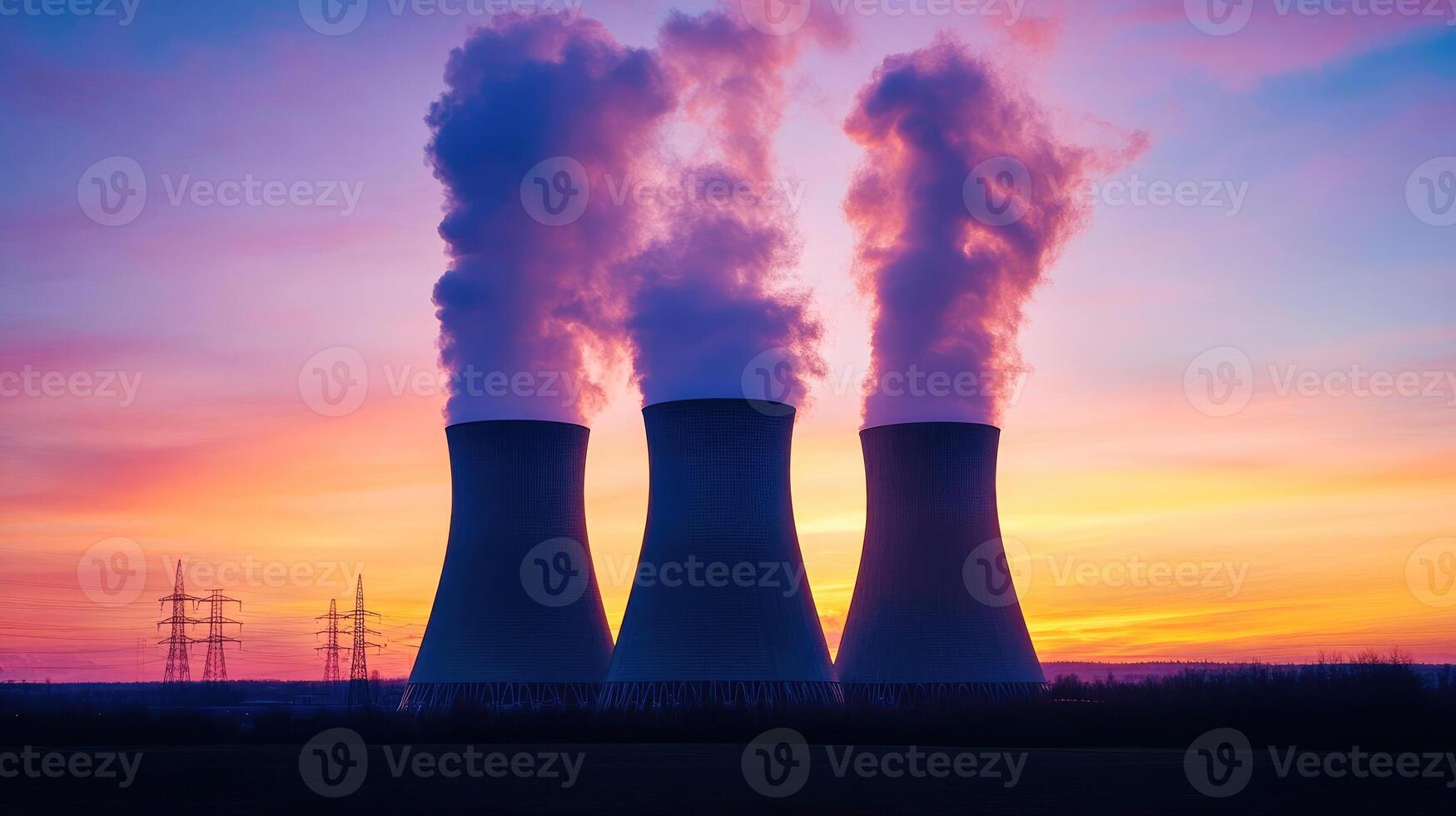 Cooling towers release steam during sunset near power lines and colorful sky photo