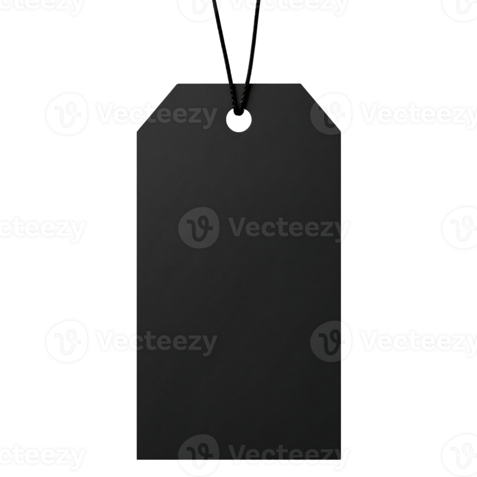 Matte Black Price Tag with String on Transparent Background png