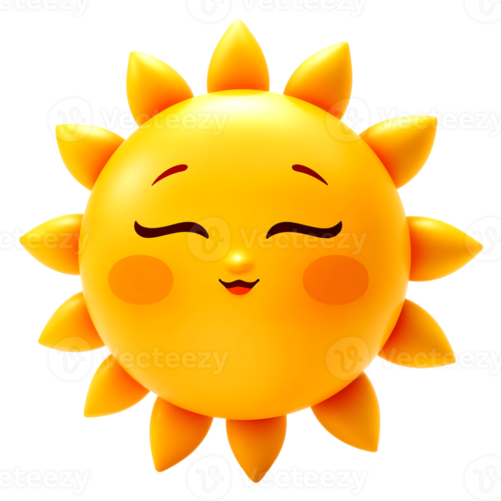 Sleepy 3D Cartoon Sun with Soft Rounded Rays on Transparent Background png