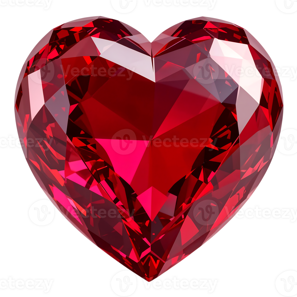 Ruby Red Crystal Heart with Faceted Light Refractions on Transparent Background png