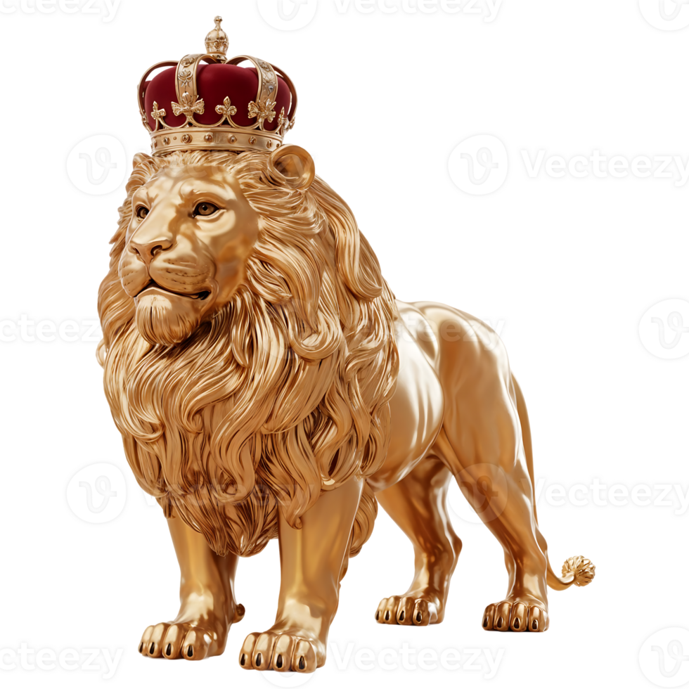 Majestic Golden Brown Lion with Crown 3D Render on Transparent Background png