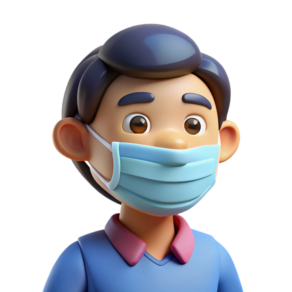 3D Cartoon Man Character Wearing Medical Mask on Transparent Background png