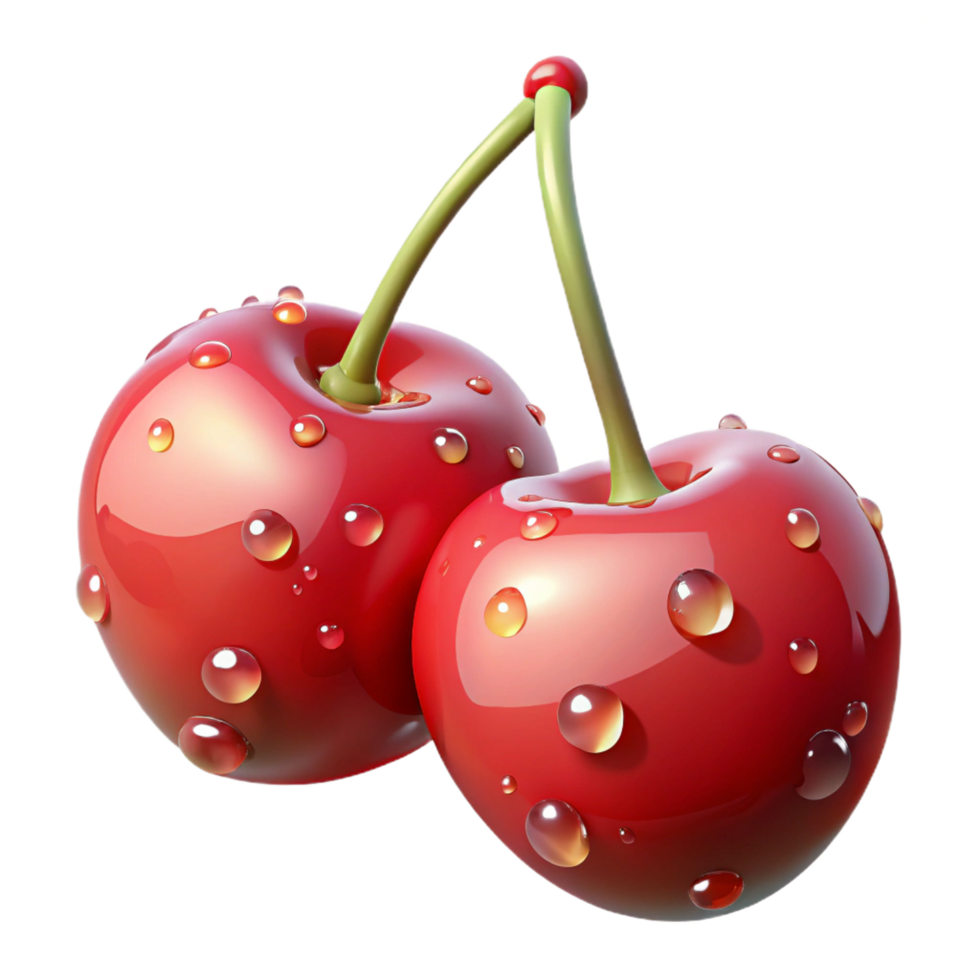 Two Glossy Red Cherries with Stems and Water Droplets on Transparent Background png