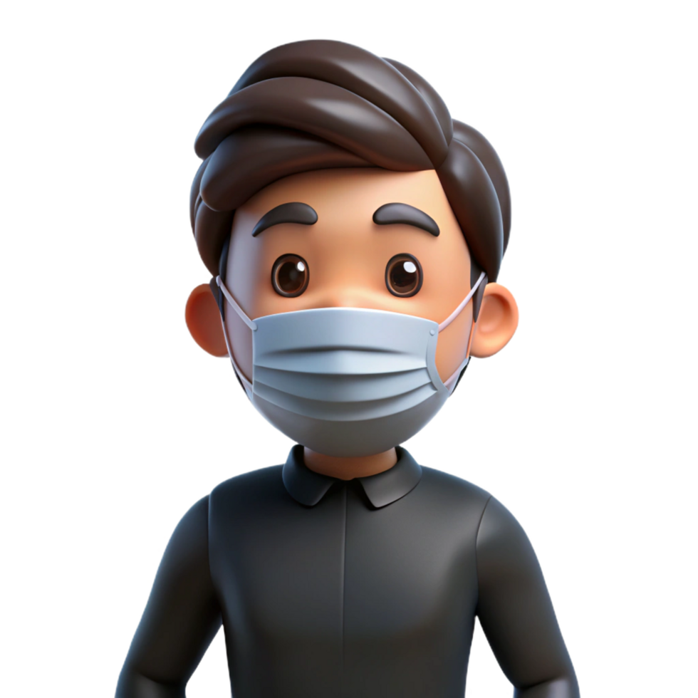 3D Cartoon Character Wearing Surgical Mask Against Transparent Background png
