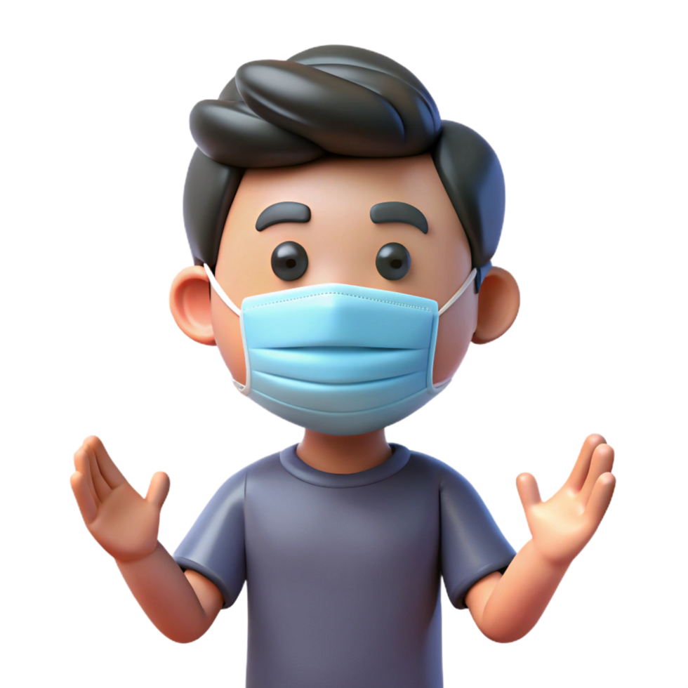 3D Cartoon Man Wearing Face Mask, Isolated on Transparent Background, Gesturing png