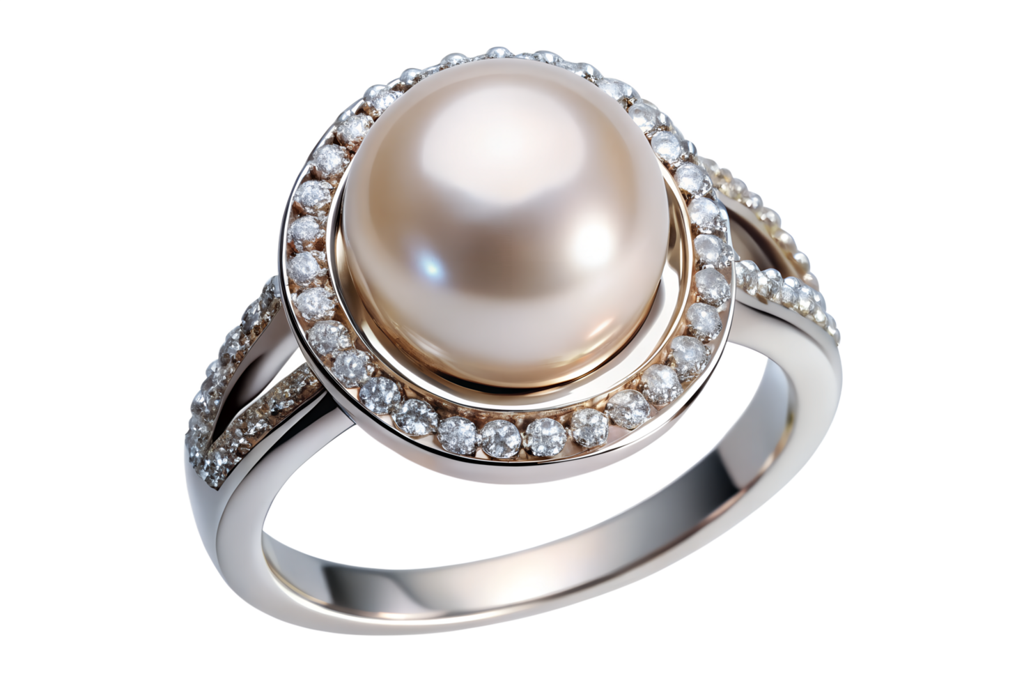 Pearl and Diamond Ring in Silver Metal on Transparent Background Jewelry Design png