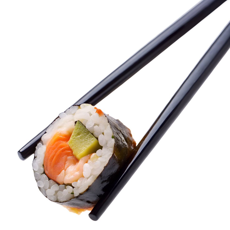 Salmon Sushi Roll Held by Black Chopsticks on Transparent Background Closeup png