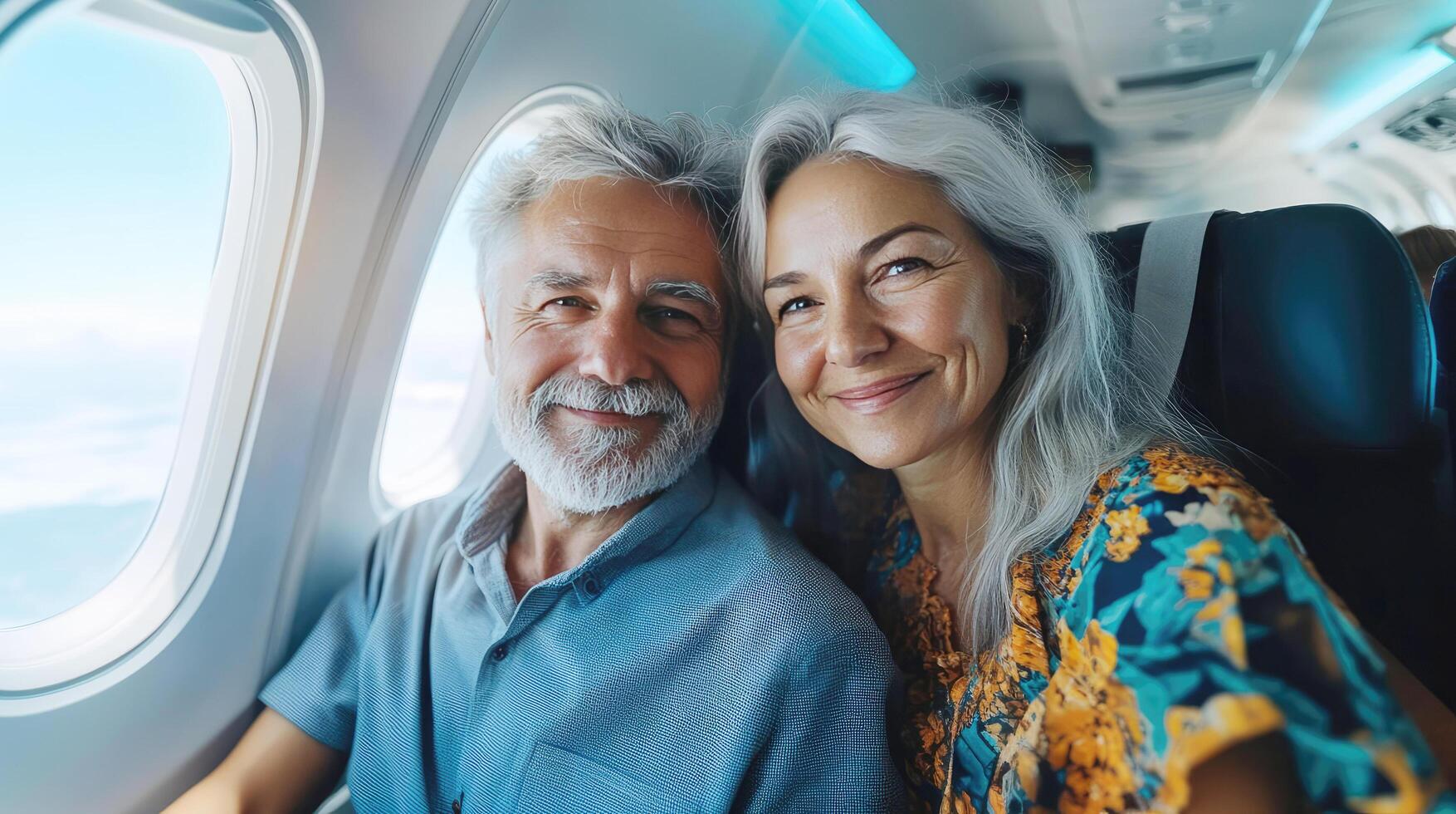 Happy couple enjoying a flight together while taking a selfie in an airplane photo