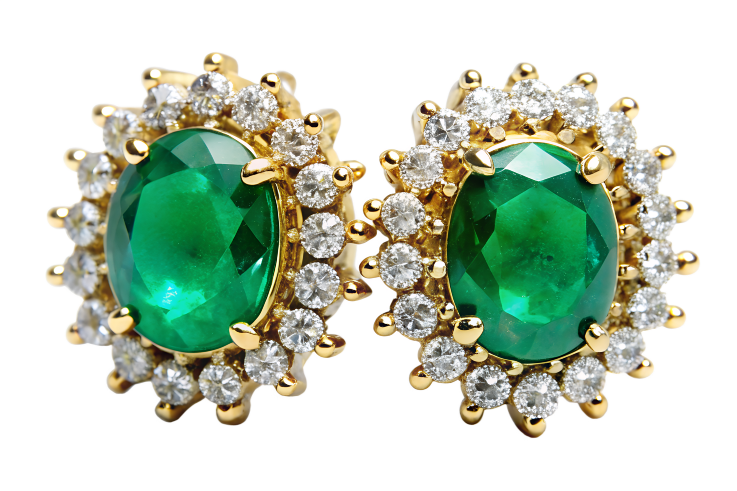 Emerald and Diamond Earrings in Gold Setting on Transparent Background Exquisite Jewelry png